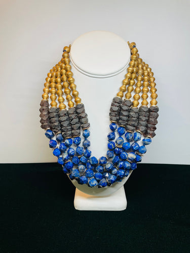 5 Strand Blue and Gold Beaded Necklace